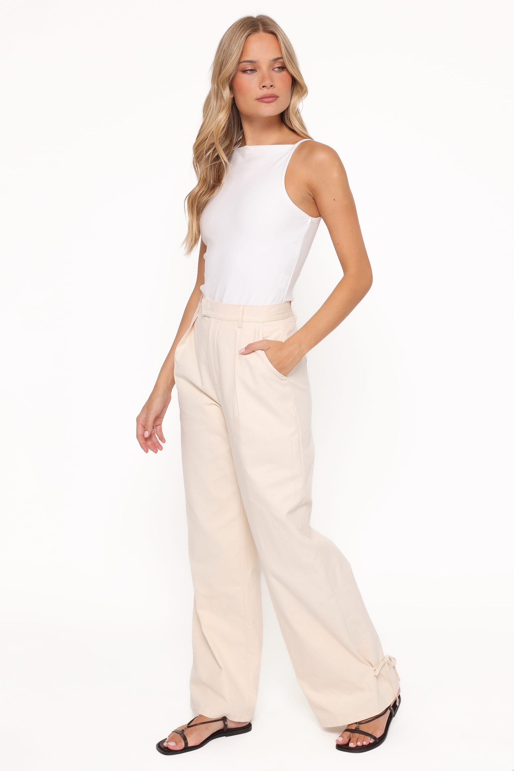Asher Tie Detail Tapered Leg Pants - Cream - Image 3