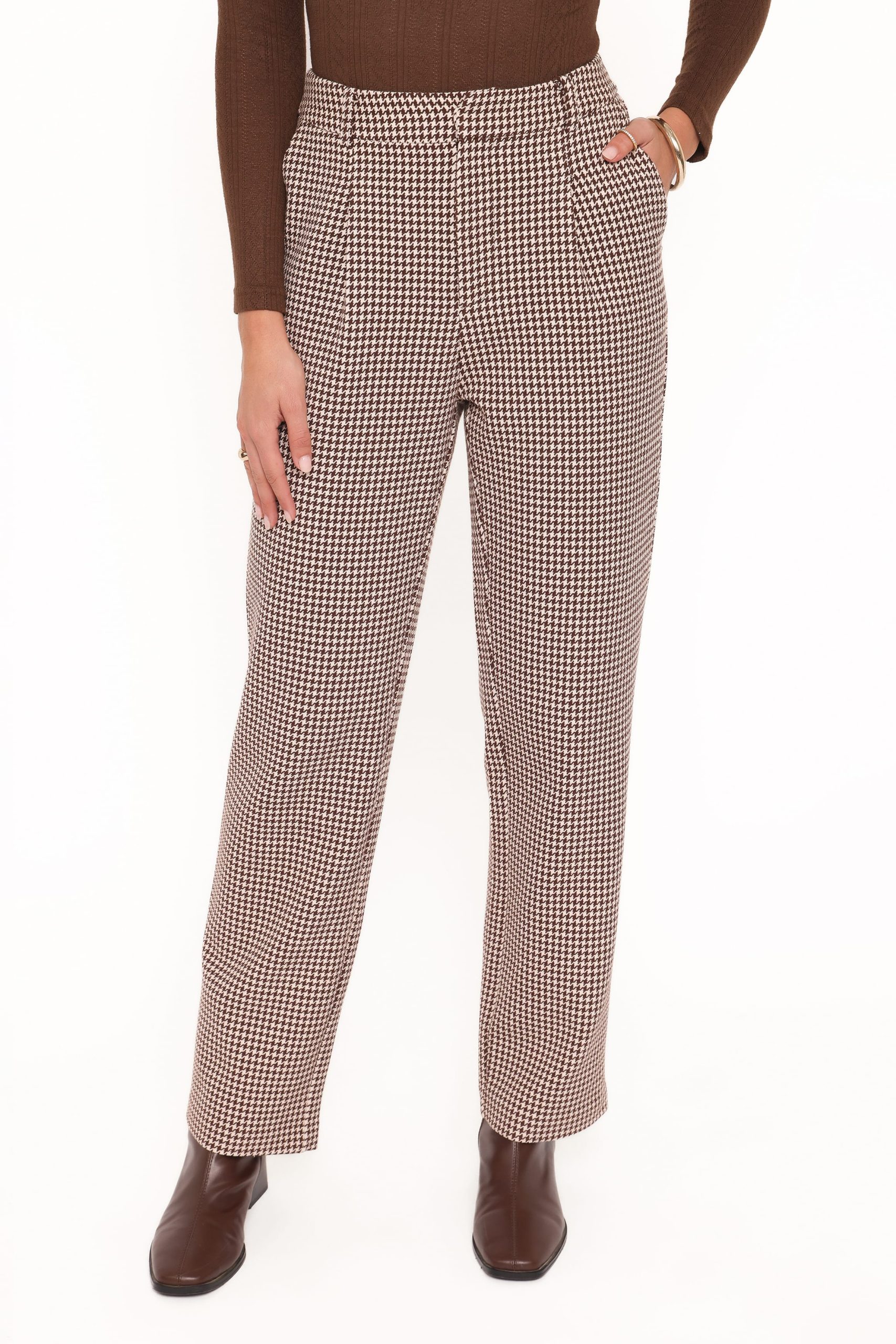 Jessie Straight Leg Trouser Pants - Brown Houndstooth - Image 8