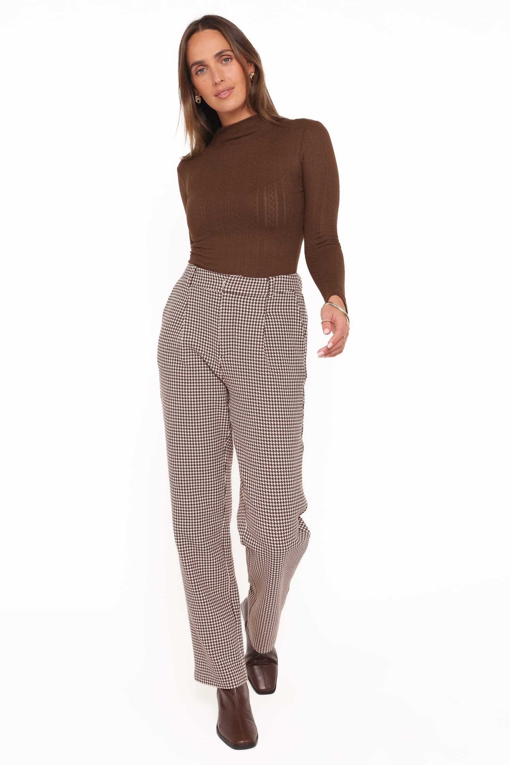 Jessie Straight Leg Trouser Pants - Brown Houndstooth - Image 2