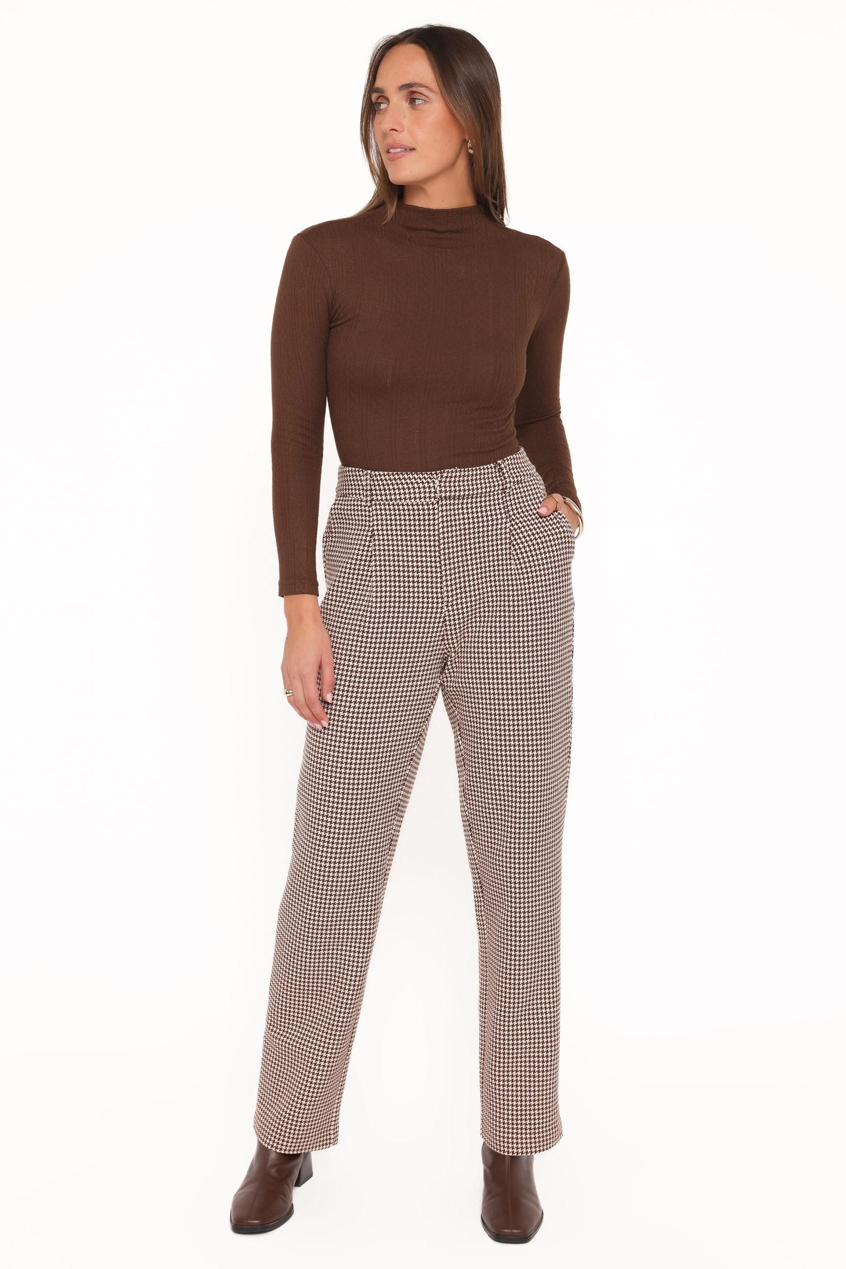 Jessie Straight Leg Trouser Pants - Brown Houndstooth - Image 7