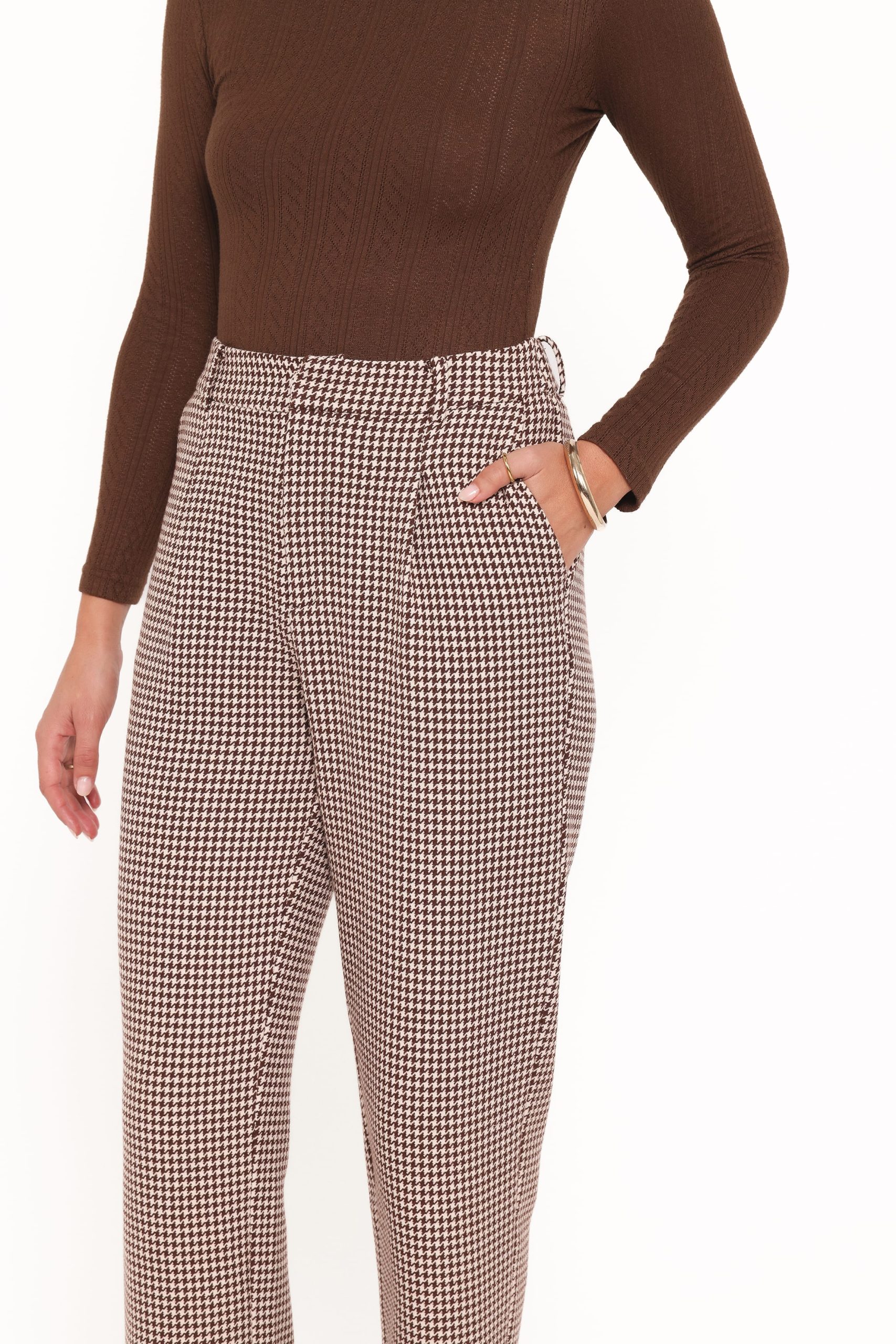 Jessie Straight Leg Trouser Pants - Brown Houndstooth - Image 3