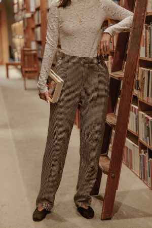 Jessie Straight Leg Trouser Pants - Brown Houndstooth