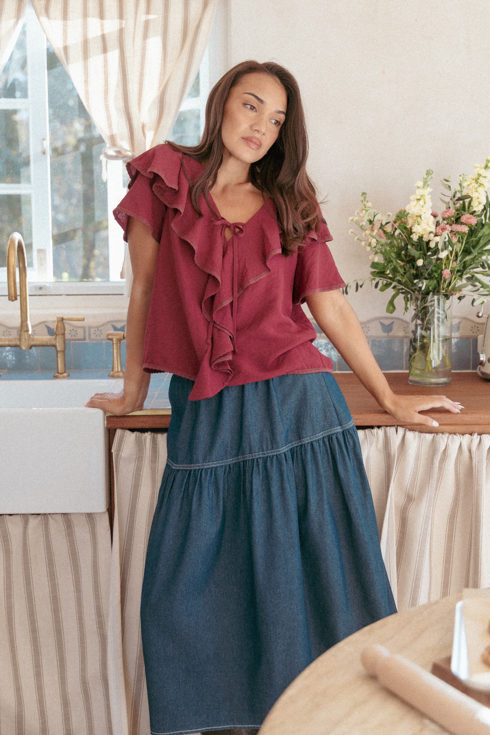 Delores Ruffle Top - Wine - Image 8